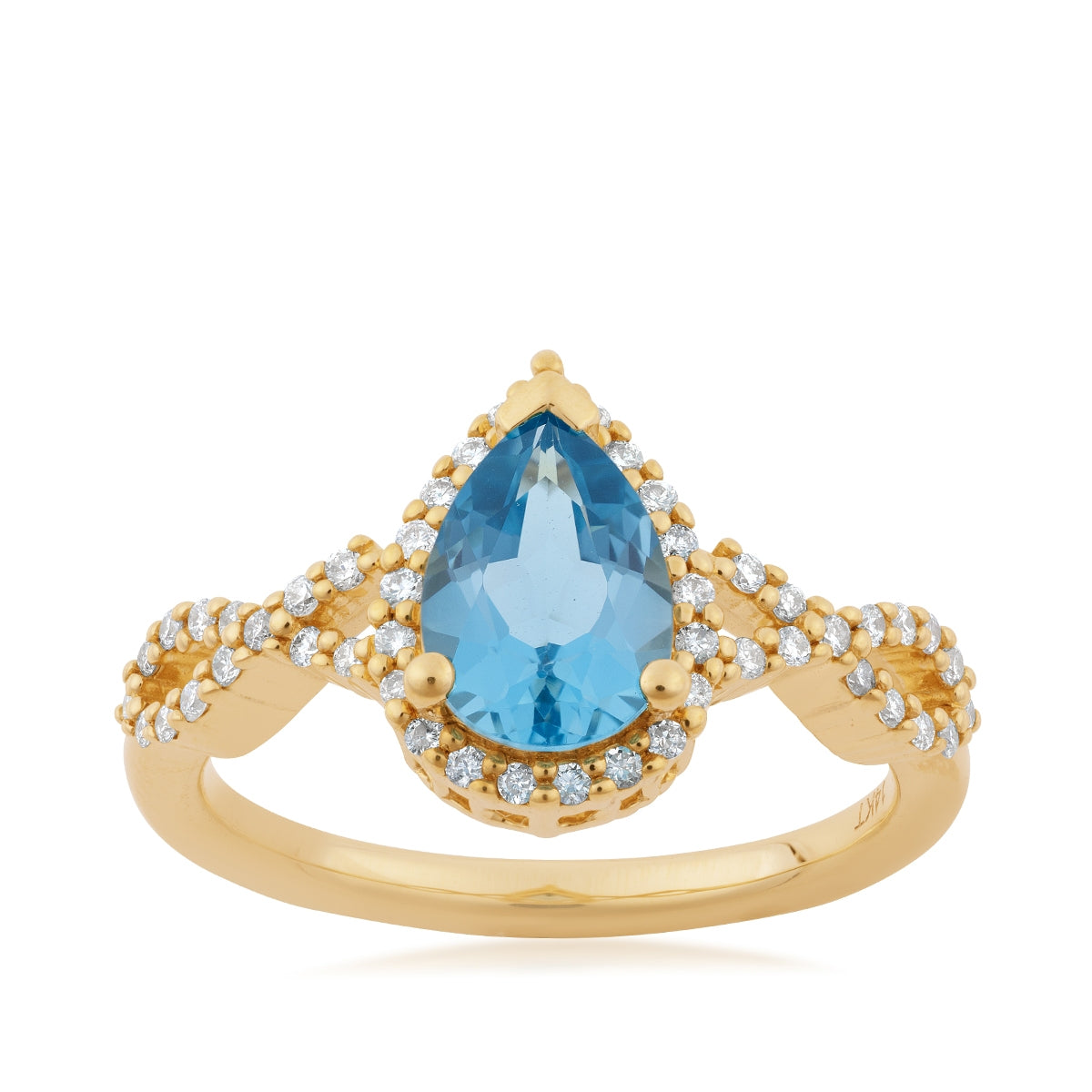 Pear London Blue Topaz & 1/4 ct. tw. Diamond Halo Twist Shank Ring in 14K Yellow Gold