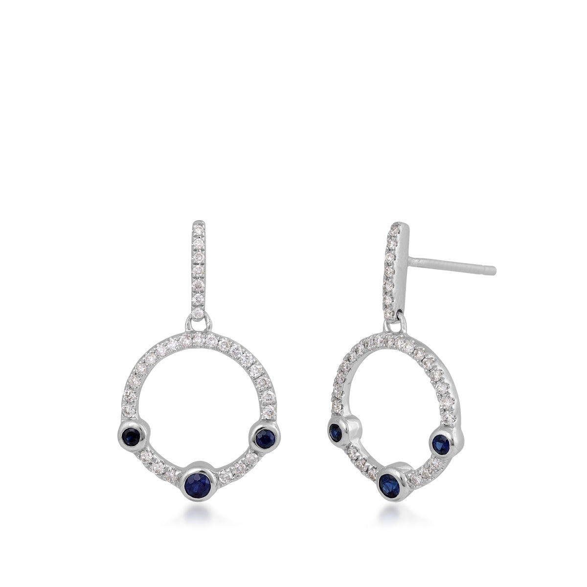 Round Sapphire & 1/3 ct. tw. Diamond Circle Dangle Earrings in 14K White Gold