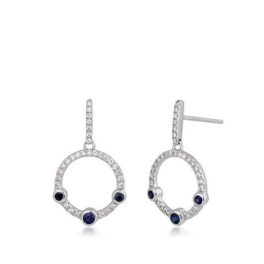 Round Sapphire & 1/3 ct. tw. Diamond Circle Dangle Earrings in 14K White Gold
