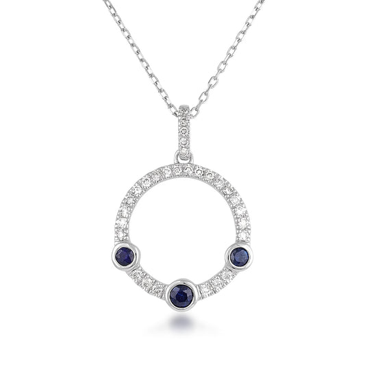 Round Sapphire & 1/5 ct. tw. Diamond Circle Pendant in 14K White Gold