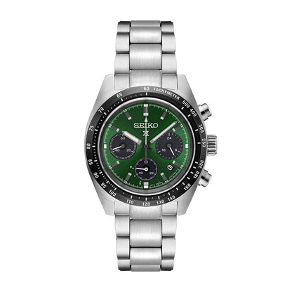 Seiko Prospex Speedtimer solar chronograph with dark green dial, stainless steel bracelet and tachymeter bezel