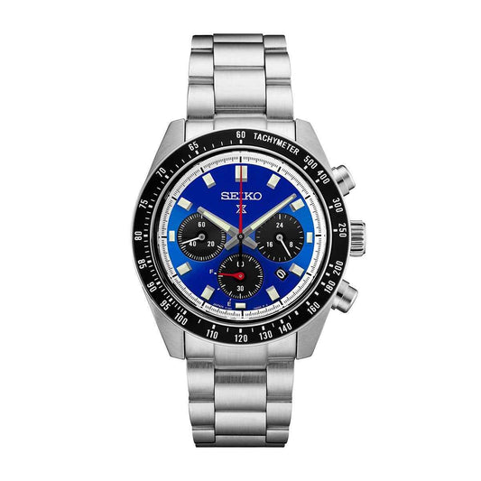 Seiko Men's Prospex Speedtimer Solar Chronograph Stainless Steel Watch with Blue Dial