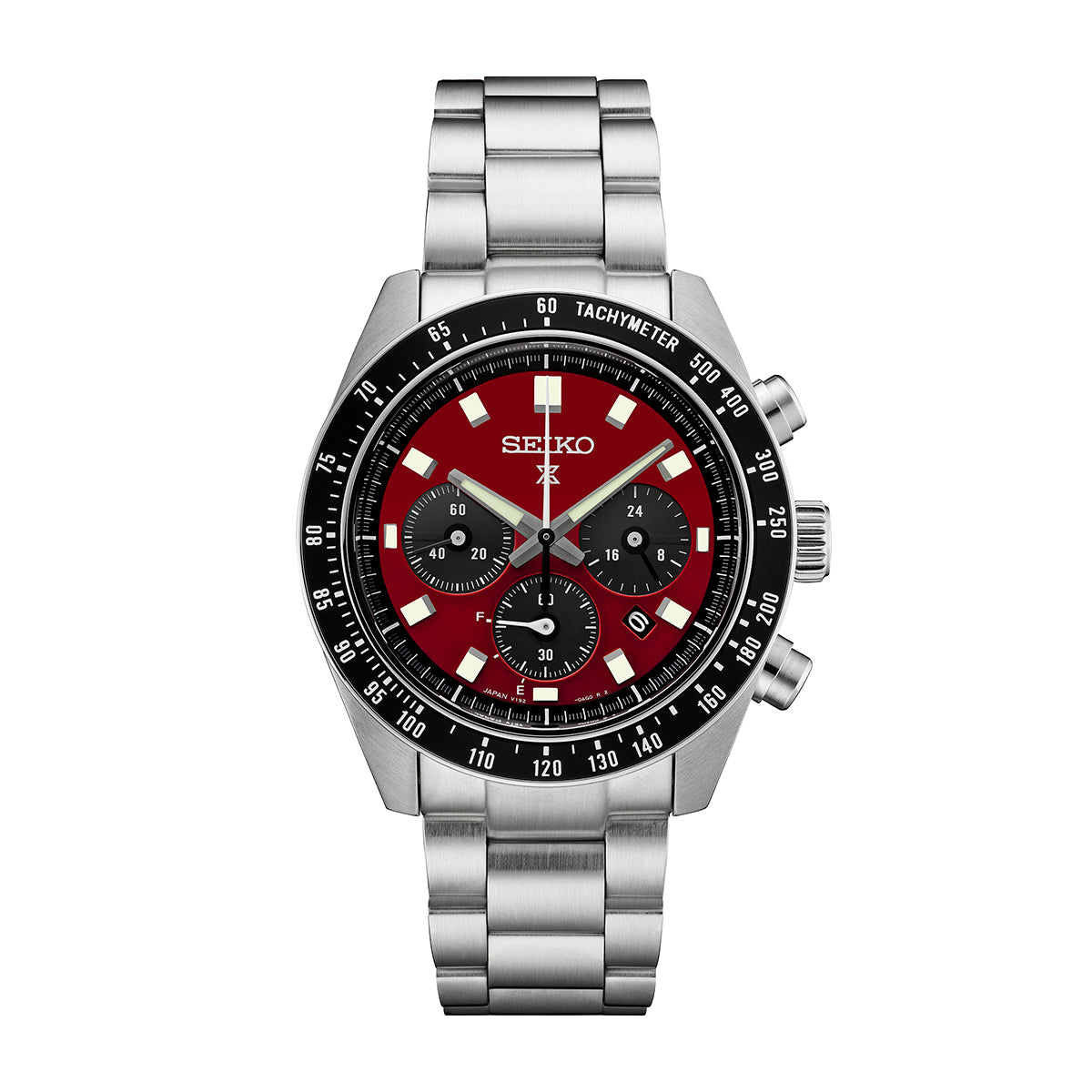 Seiko Prospex Speedtimer solar chronograph with red dial, stainless steel bracelet and black tachymeter bezel