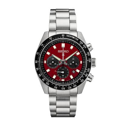 Seiko Prospex Speedtimer solar chronograph with red dial, stainless steel bracelet and black tachymeter bezel