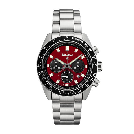 Seiko Prospex Speedtimer solar chronograph with red dial, stainless steel bracelet and black tachymeter bezel