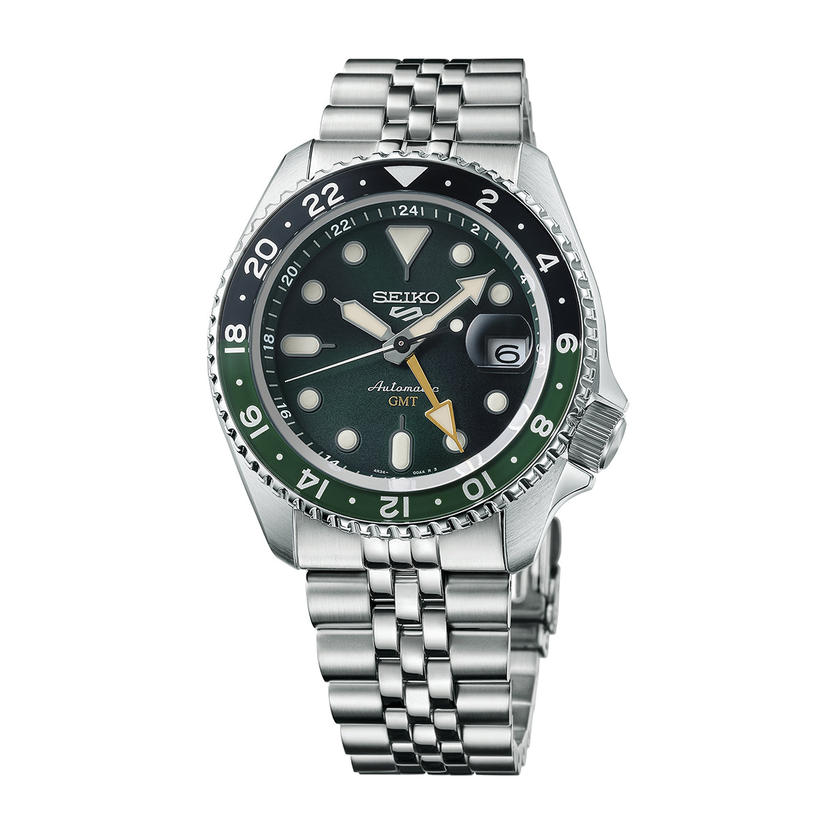 Seiko 5 Sports GMT automatic watch with dark green dial, stainless steel bracelet and green and black 24-hour bezel