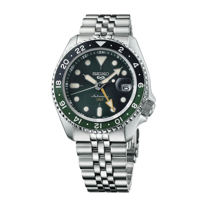 Seiko 5 Sports GMT automatic watch with dark green dial, stainless steel bracelet and green and black 24-hour bezel