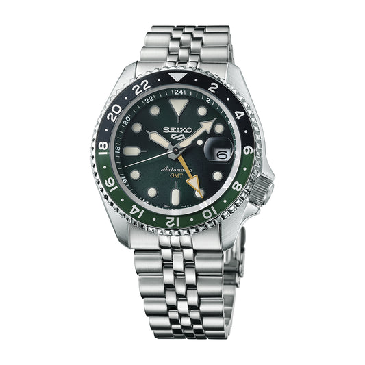 Seiko 5 Sports GMT automatic watch with dark green dial, stainless steel bracelet and green and black 24-hour bezel