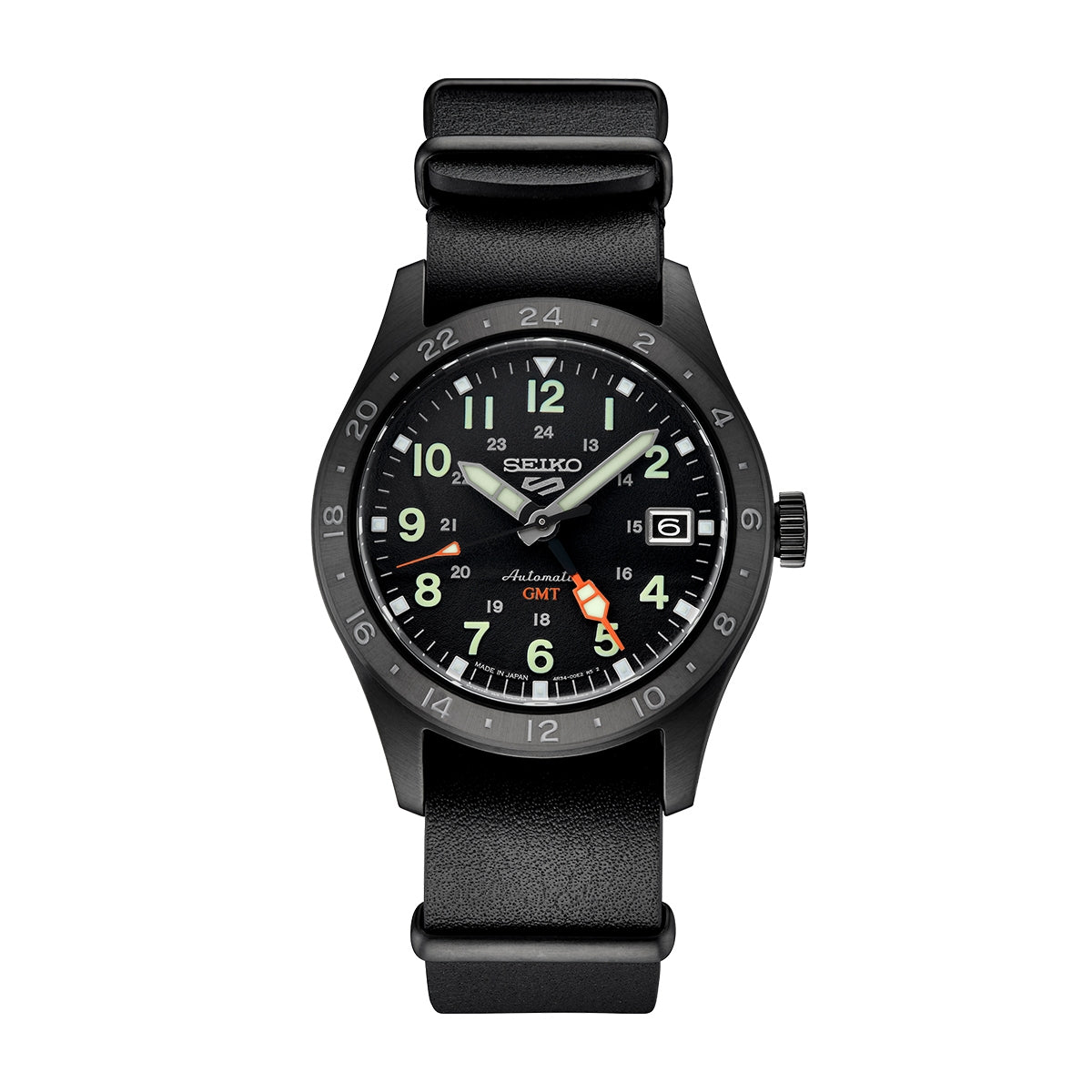 Seiko Men's 5 Sports Automatic Stainless Steel Watch with Black Dial & Leather Strap