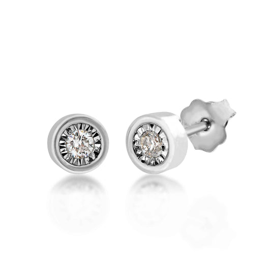 1/10 ct. tw. Round Bezel Set Diamond Earrings with Miracle Plating in 10K White Gold