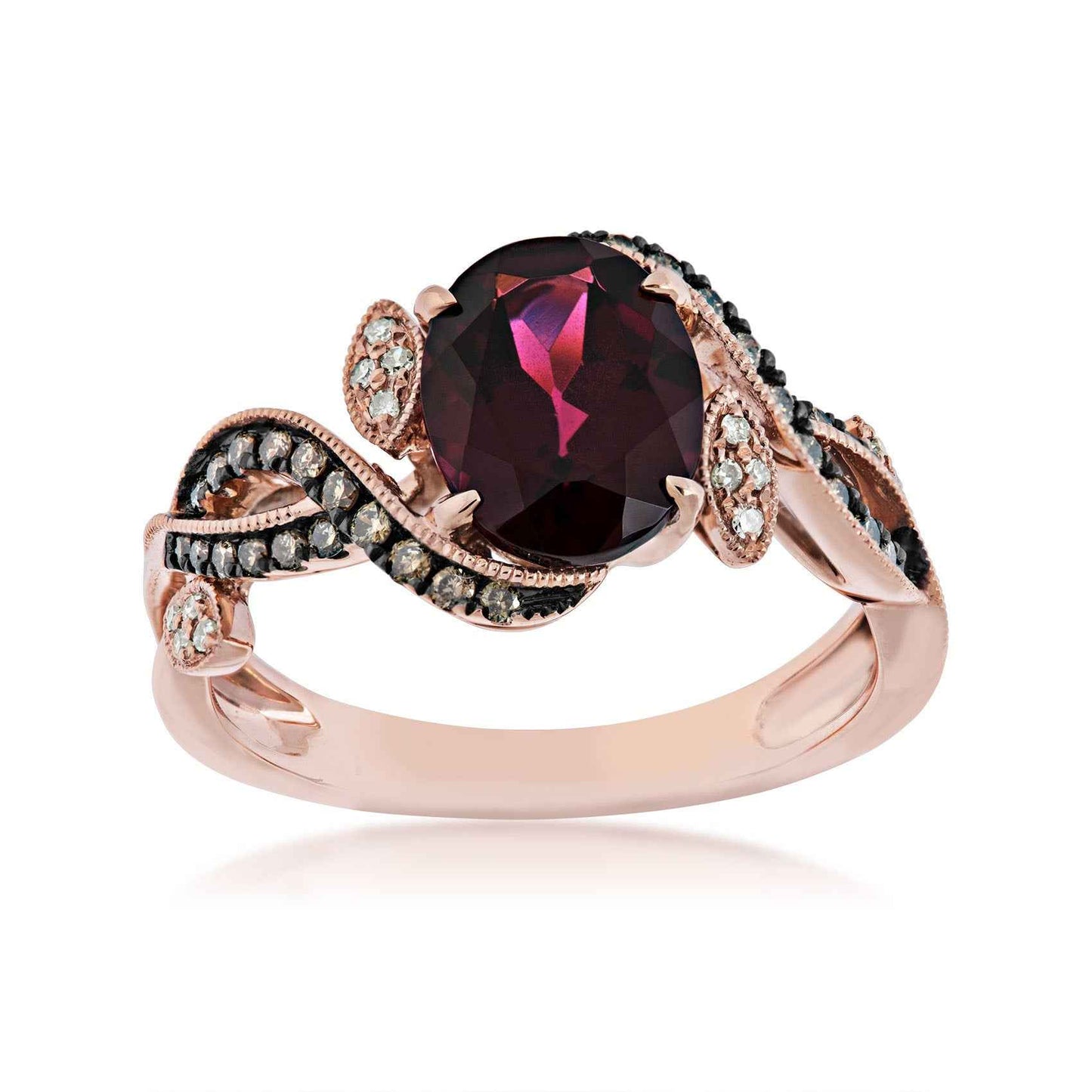 Impulse Collection Genuine Oval Rhodolite Garnet & 1/4 ct. tw. Mocha Diamond Ring with Black Rhodium Plated Band in 10K Pink