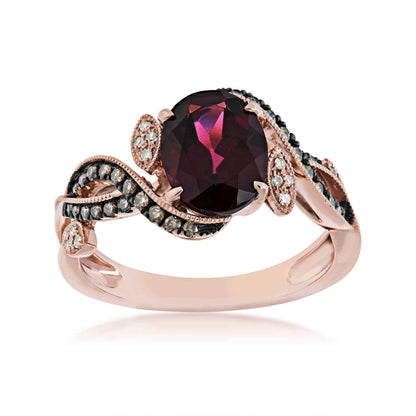 Impulse Collection Genuine Oval Rhodolite Garnet & 1/4 ct. tw. Mocha Diamond Ring with Black Rhodium Plated Band in 10K Pink