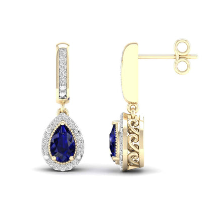 Blue Pear-Shaped Sapphire and 1/10 ct. tw. Diamond Halo Earrings with Milgrain and Filigree Design in 10K Yellow Gold
