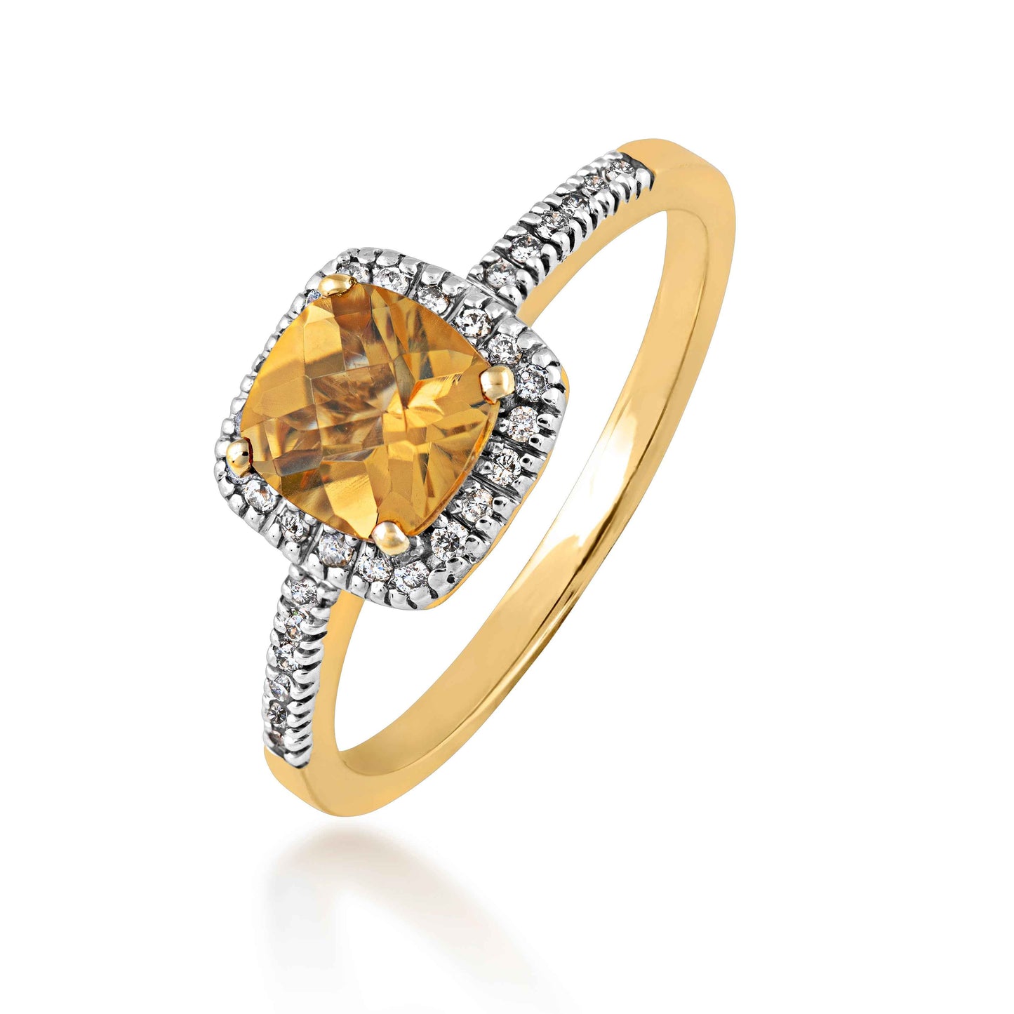Genuine Cushion Cut Orange Citrine Fashion Ring with 1/8 ct. tw. Diamond Halo & Band in 10K Yellow Gold front view