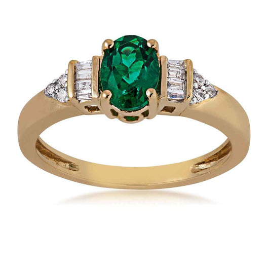 Created Oval Emerald Ring with 1/8 ct. tw. Round & Baguette Diamonds in 10K Yellow Gold