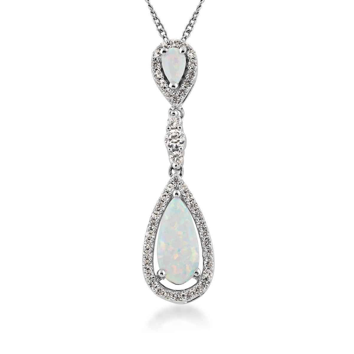 Created Double Teardrop Opal and White Sapphire Halo Pendant in Sterling Silver