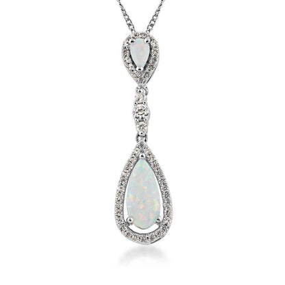 Created Double Teardrop Opal and White Sapphire Halo Pendant in Sterling Silver