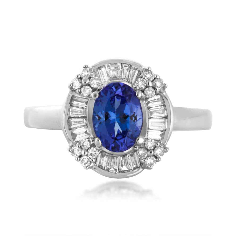 Oval Tanzanite & 1/2 ct. tw. Baguette & Round Diamond Halo Ring in 14K White Gold front view