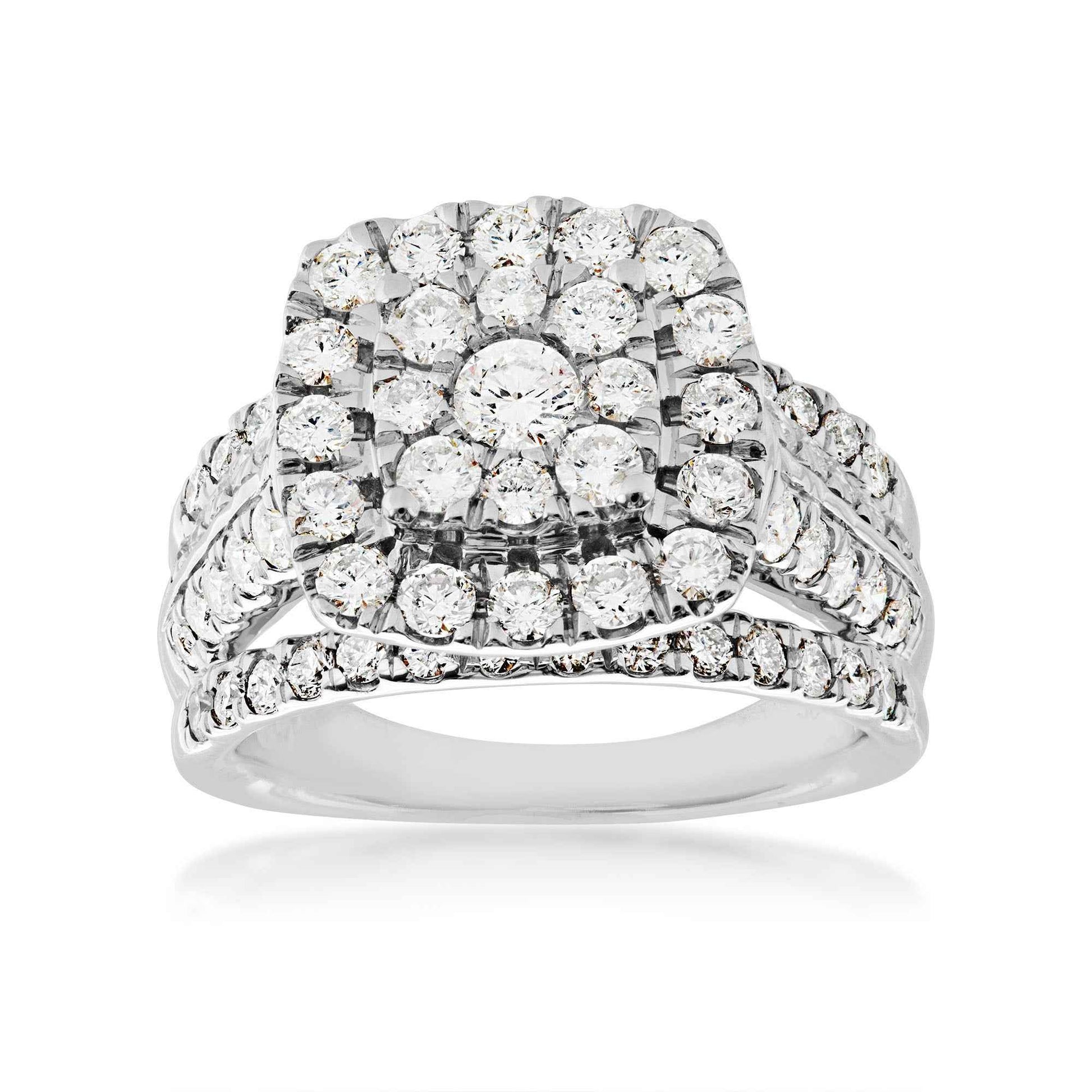 Fairytale Diamonds 2 ct. tw. Cushion Cut Cluster Halo Diamond Engagement Ring with Split Shank Accented Band in 10K White