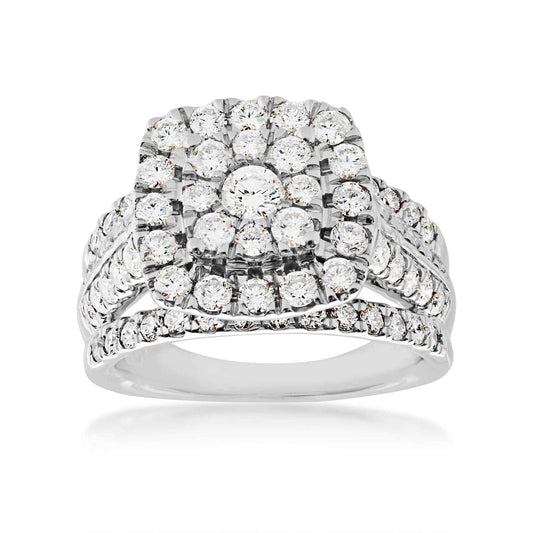 Fairytale Diamonds 2 ct. tw. Cushion Cut Cluster Halo Diamond Engagement Ring with Split Shank Accented Band in 10K White