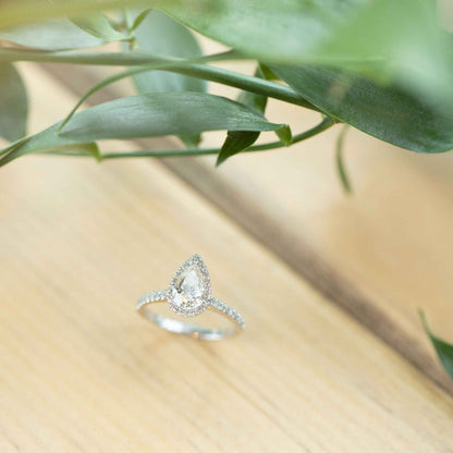 Natural 1-1/4 ct. tw. Pear Diamond Halo Engagement Ring in 14K White Gold close-up detail