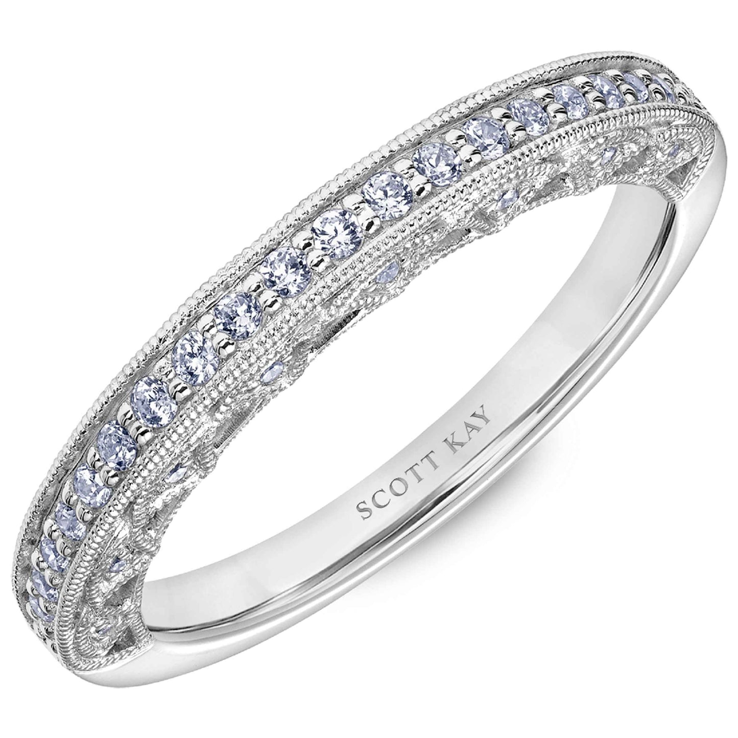 Scott Kay Heaven's Gate 1/4 ct. tw. Diamond Wedding Band with Front & Back Diamond and Milgrain Design in 14K White Gold