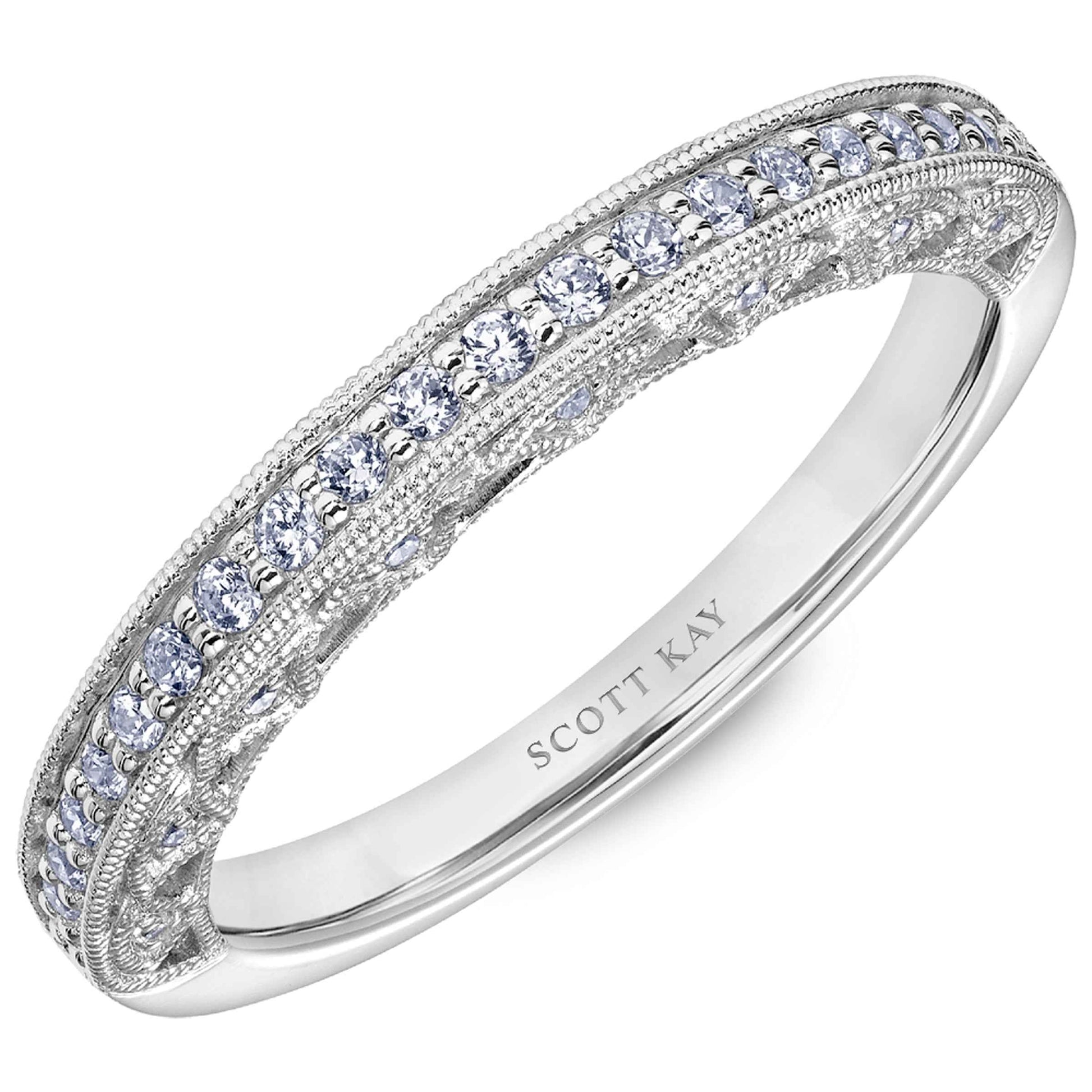 Scott Kay Heaven's Gate 1/4 ct. tw. Diamond Wedding Band with Front & Back Diamond and Milgrain Design in 14K White Gold