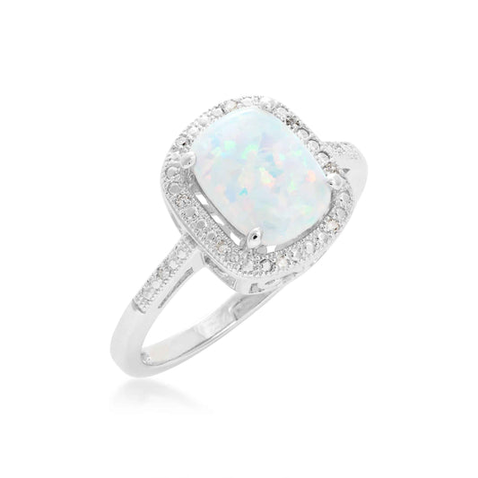 Created Round Cushion Cut Opal Fashion Ring with .04 ct. tw. Diamond Halo in Sterling Silver front view