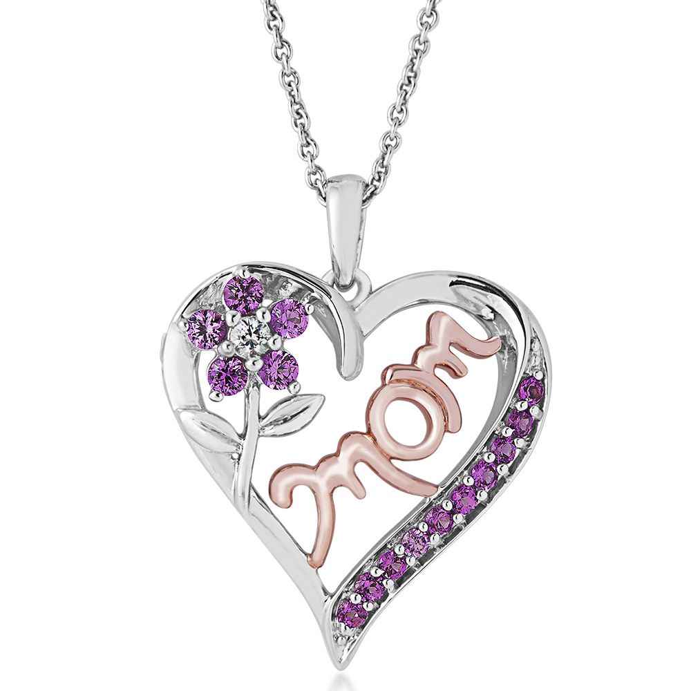 Created Pink Sapphire Mom Heart Pendant with Flower Accent in Sterling Silver