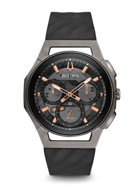 Bulova CURV Collection Men's Grey Exhibition Chronograph Watch in Black Titanium & Stainless Steel Case with Rose Gold-Tone