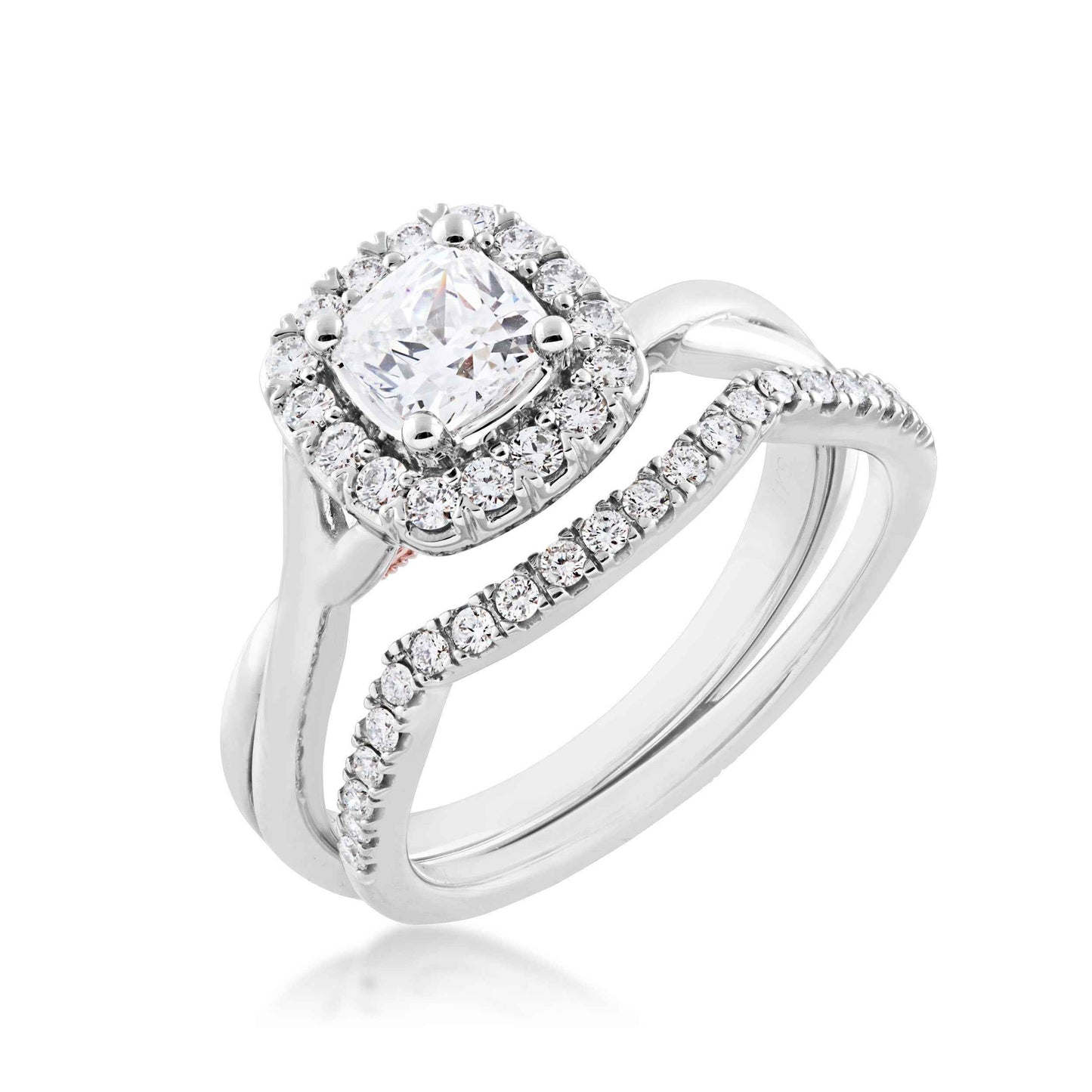 Noventa 1-1/8 ct. tw. Cushion Cut Diamond Halo Wedding Set with Twist Band in 14K White & Pink Gold front view
