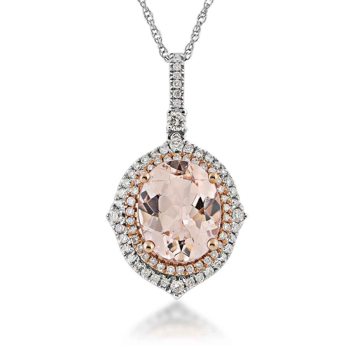 Morganite and 1/4 ct. tw. Diamond Oval Halo Pendant in 14K White and Pink Gold