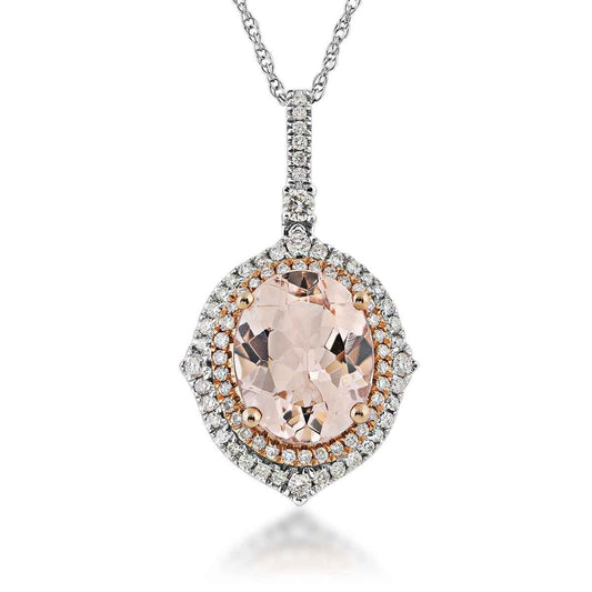 Morganite and 1/4 ct. tw. Diamond Oval Halo Pendant in 14K White and Pink Gold