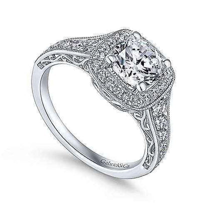 Gabriel & Co. 5/8 ct. tw. Diamond Pave Halo Semi-Mount Engagement Ring with Milgrain Edge Detailing in 14K close-up detail