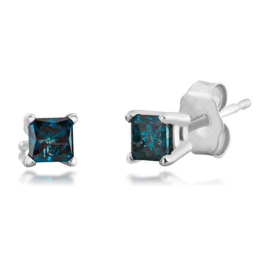 1/4CTTW Treated Blue Diamond Princess Cut Stud Earrings in 14k White Gold