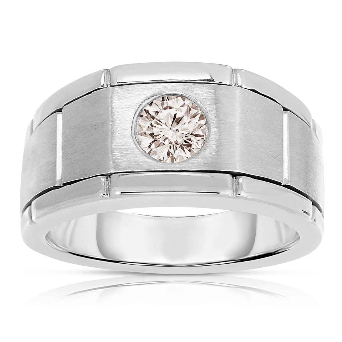 Men's 1/2 ct. tw. Round Brilliant Diamond Wedding Band with Brushed Vertical Cut Center & Poished Edging in 10K White Gold