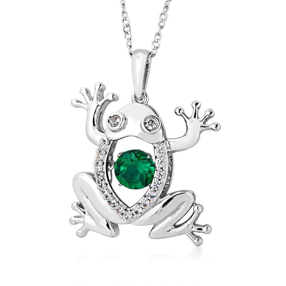 Created Round Emerald & White Sapphire Frog Necklace in Sterling Silver