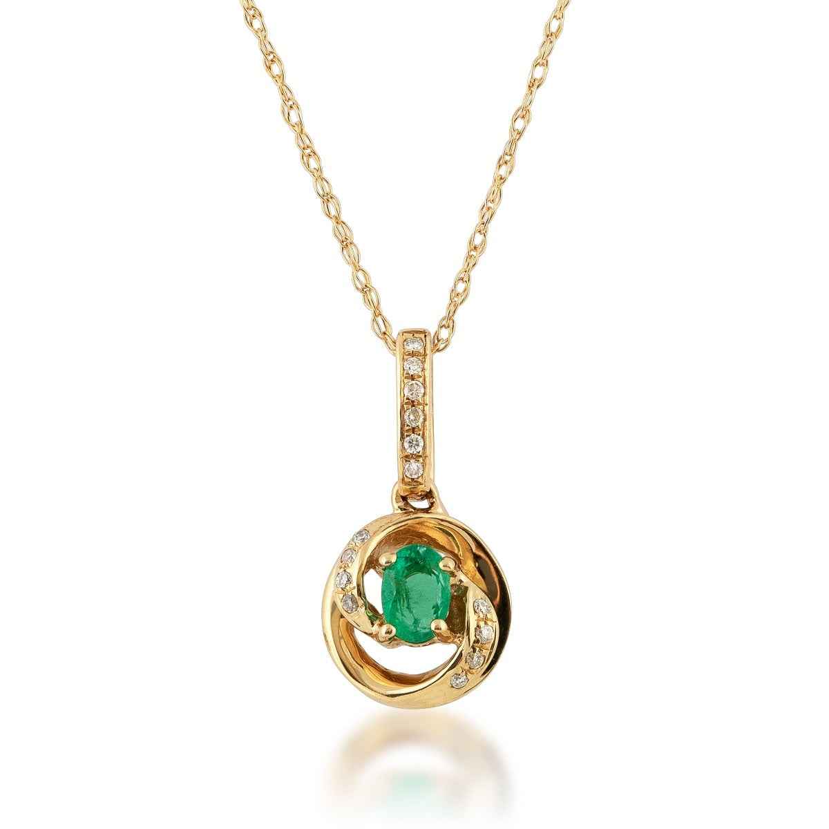 Oval Emerald and Diamond Accent Swirl Pendant in 14K Yellow Gold
