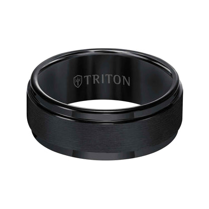 Triton Men's 9MM Black Tungsten Wedding Band with Brushed Center Finish front view