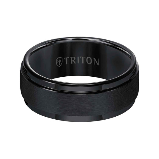 Triton Men's 9MM Black Tungsten Wedding Band with Brushed Center Finish front view