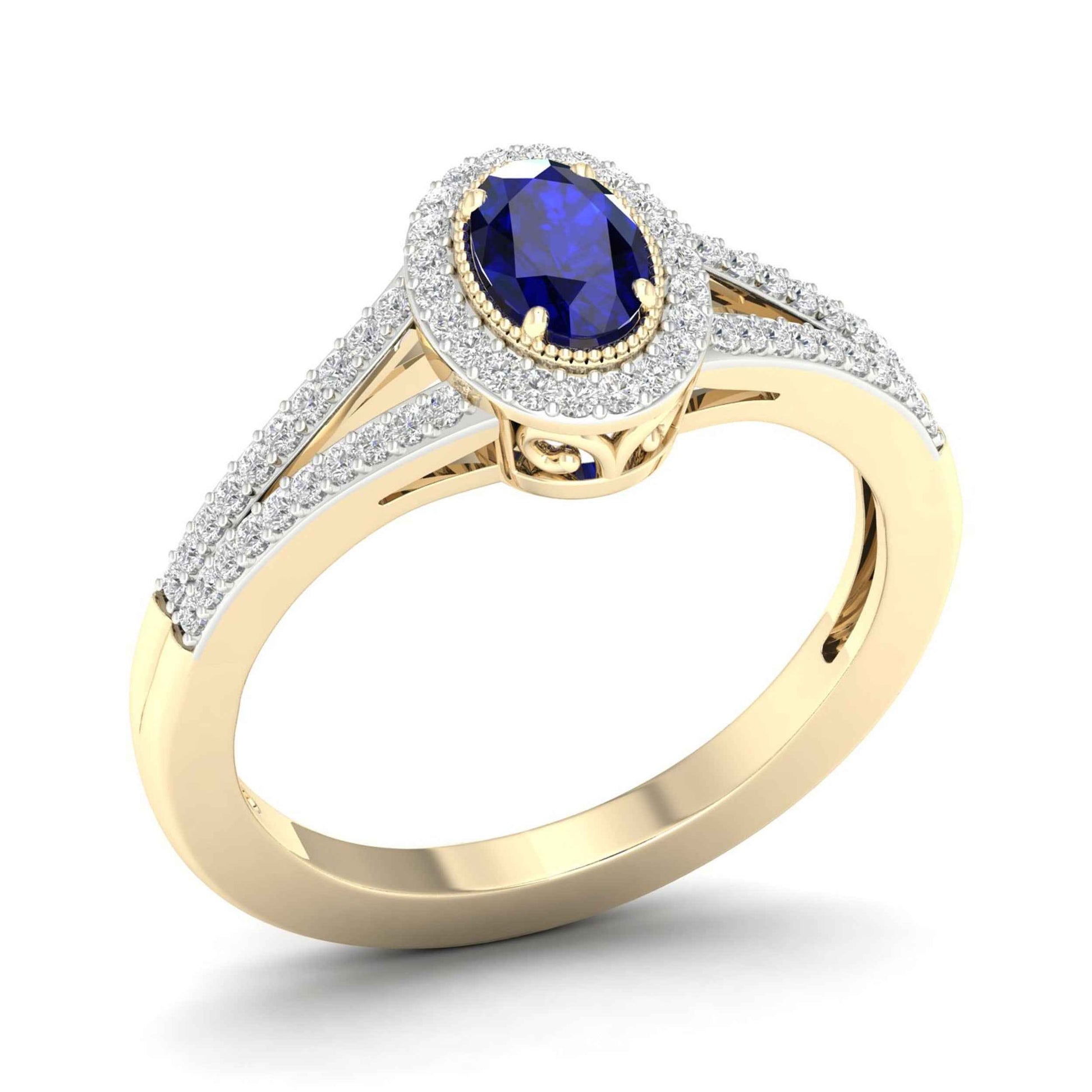 Blue Oval Sapphire and 1/6 ct. tw. Diamond Ring with Milgrain and Filigree Design in 10K Yellow Gold front view