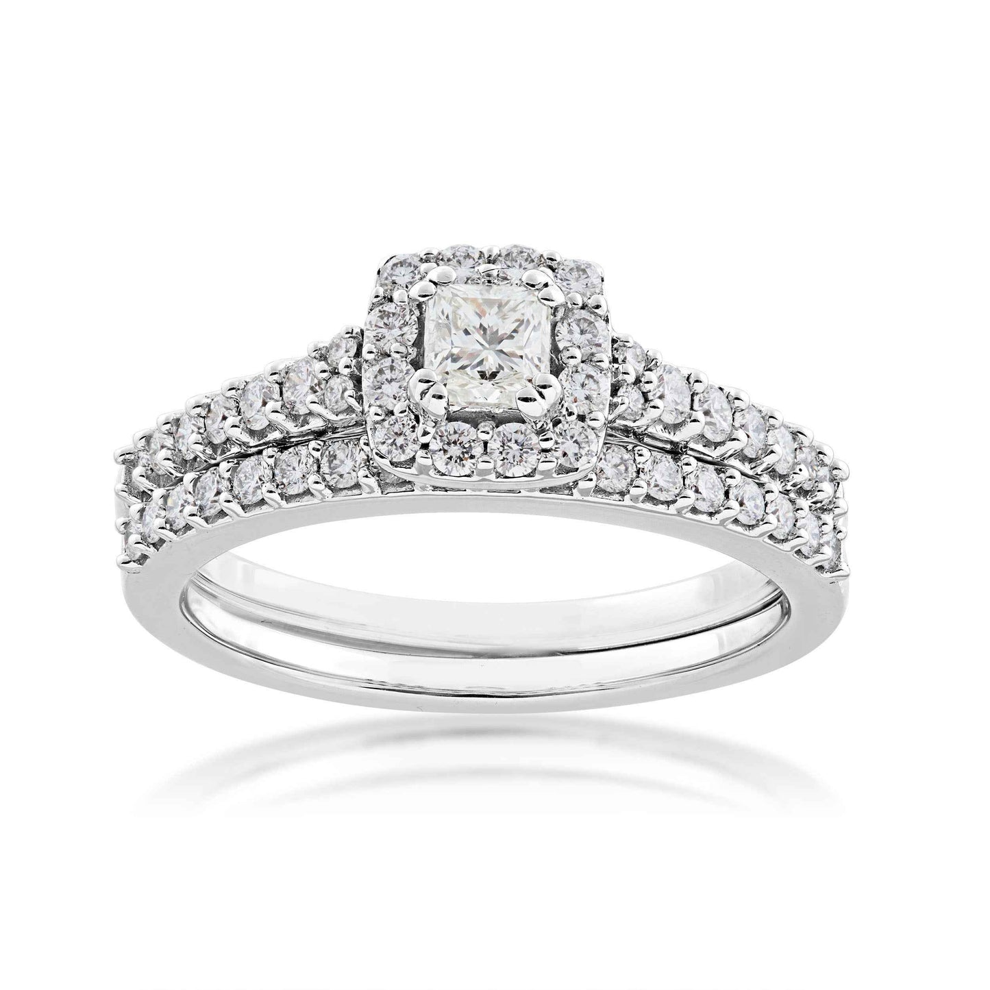 Noventa 7/8 ct. tw Princess Cut Diamond with Halo Design Wedding Set with Undercarriage Cutout in 10K White Gold