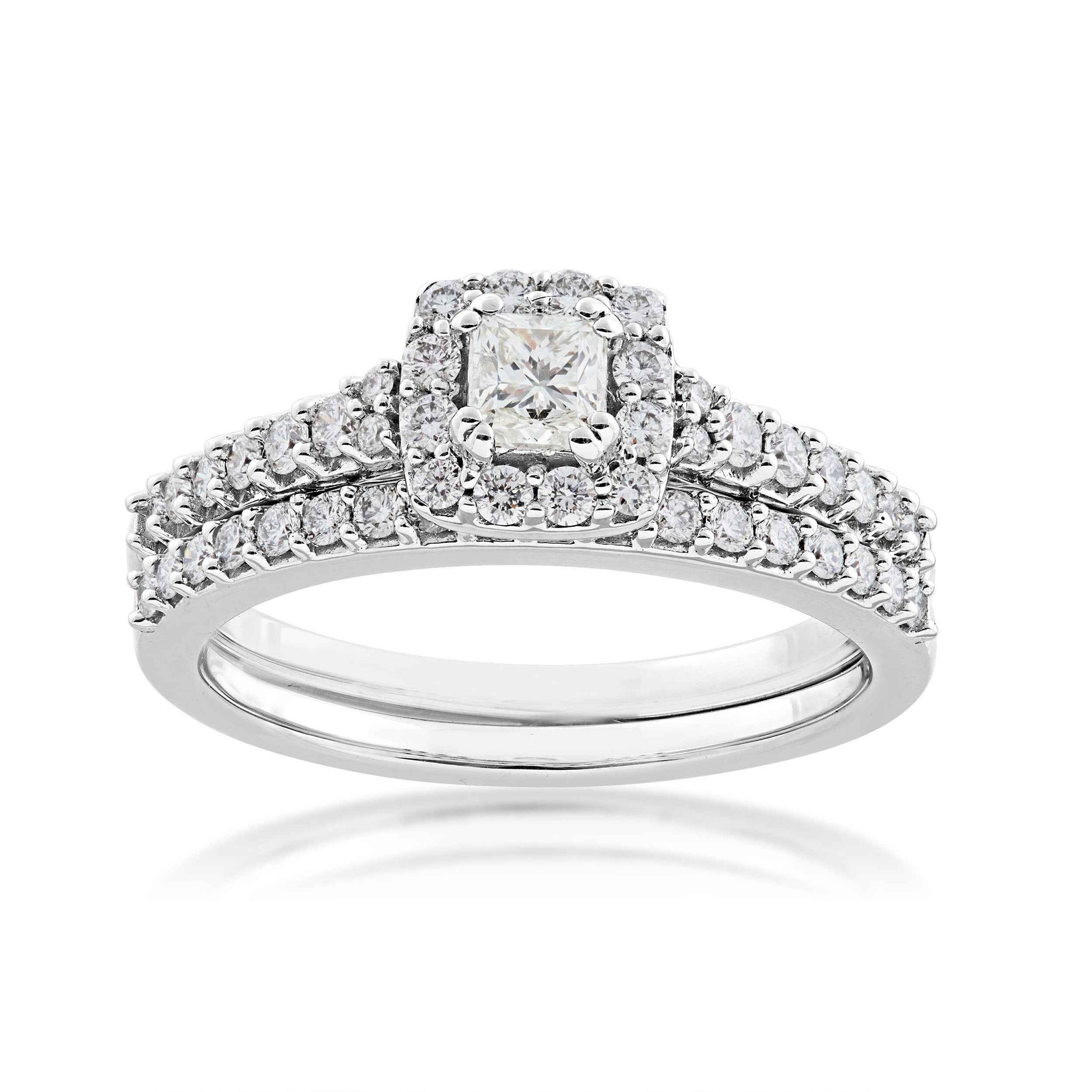 Noventa 7/8 ct. tw Princess Cut Diamond with Halo Design Wedding Set with Undercarriage Cutout in 10K White Gold
