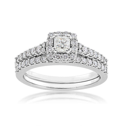 Noventa 7/8 ct. tw Princess Cut Diamond with Halo Design Wedding Set with Undercarriage Cutout in 10K White Gold