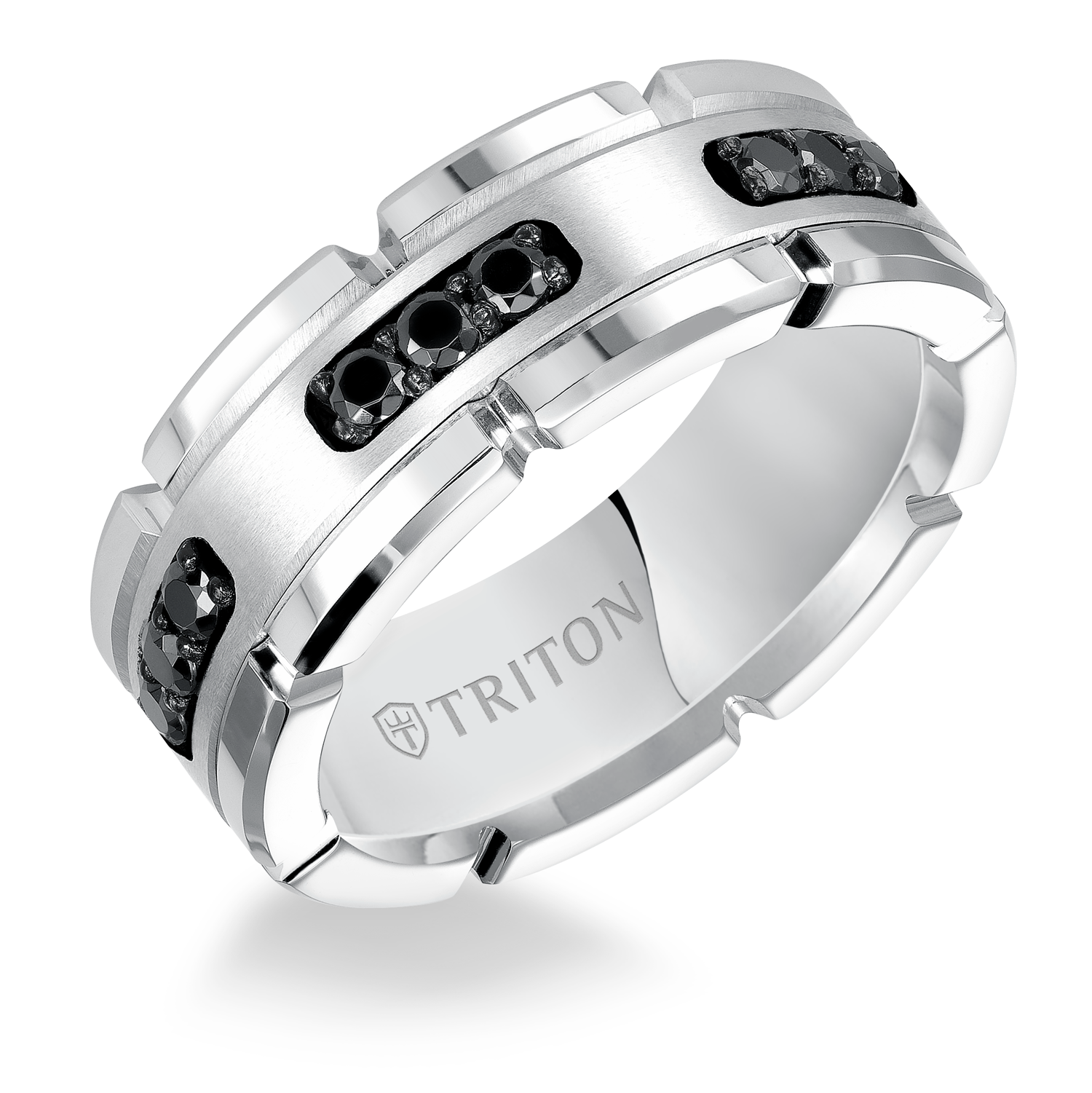 Triton Men's 8MM 1/3 ct. tw. Black Diamond Wedding Band in White Tungsten front view