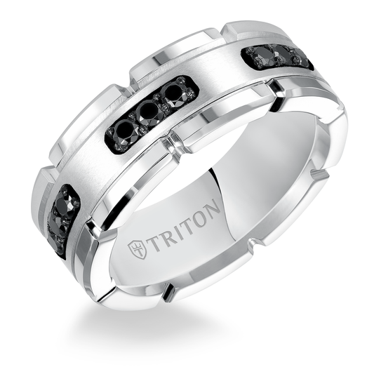 Triton Men's 8MM 1/3 ct. tw. Black Diamond Wedding Band in White Tungsten front view