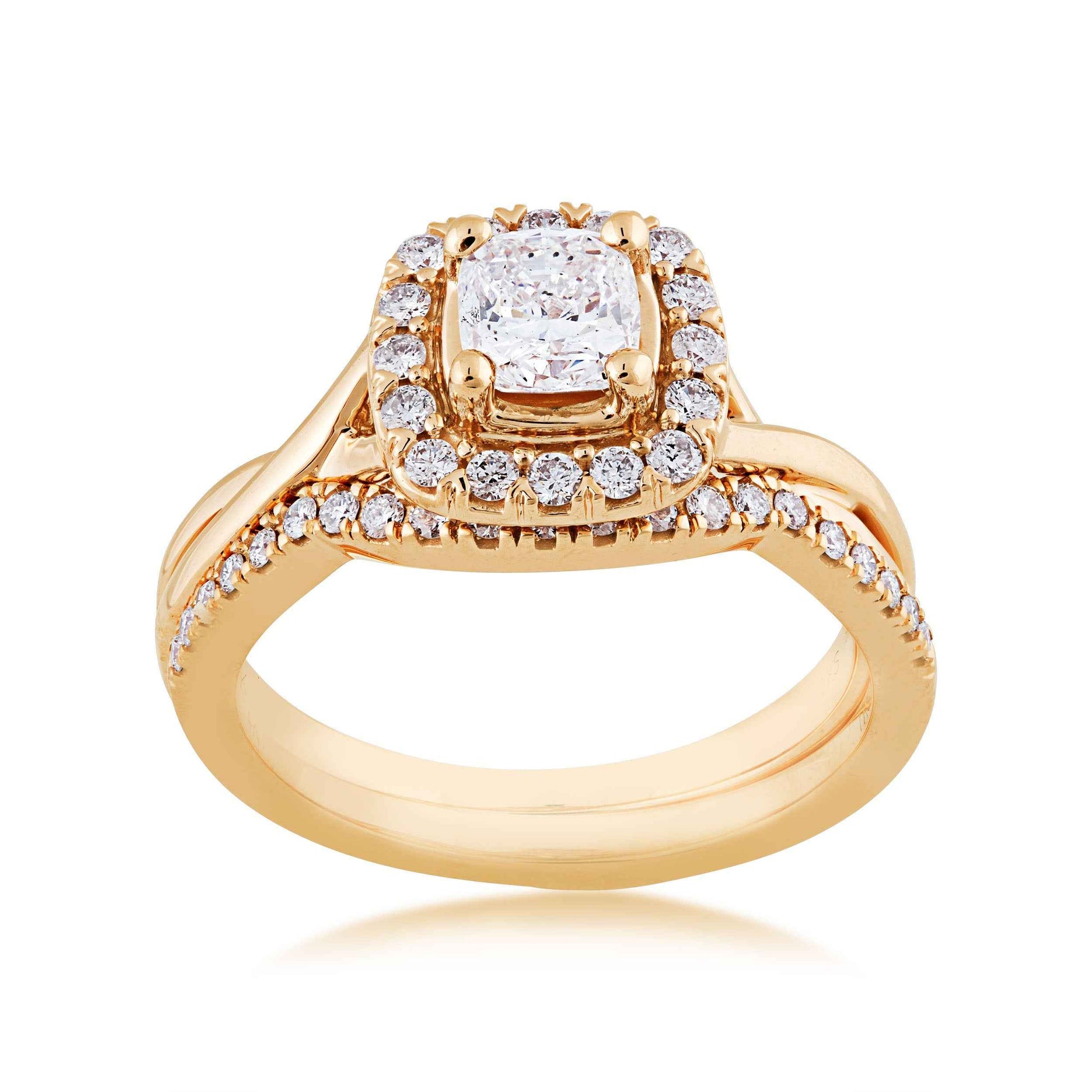 Noventa 1-1/5 ct. tw. Cushion Cut Halo Wedding Set with Twist Band in 14K Yellow Gold