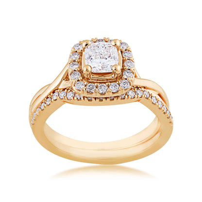 Noventa 1-1/5 ct. tw. Cushion Cut Halo Wedding Set with Twist Band in 14K Yellow Gold