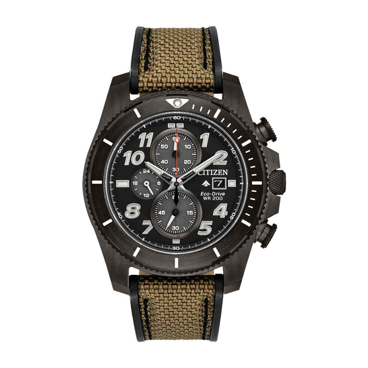 Citizen Men's Promaster Tough Eco-Drive Black Stainless Steel Watch with Green Beige Ballistic Nylon Strap