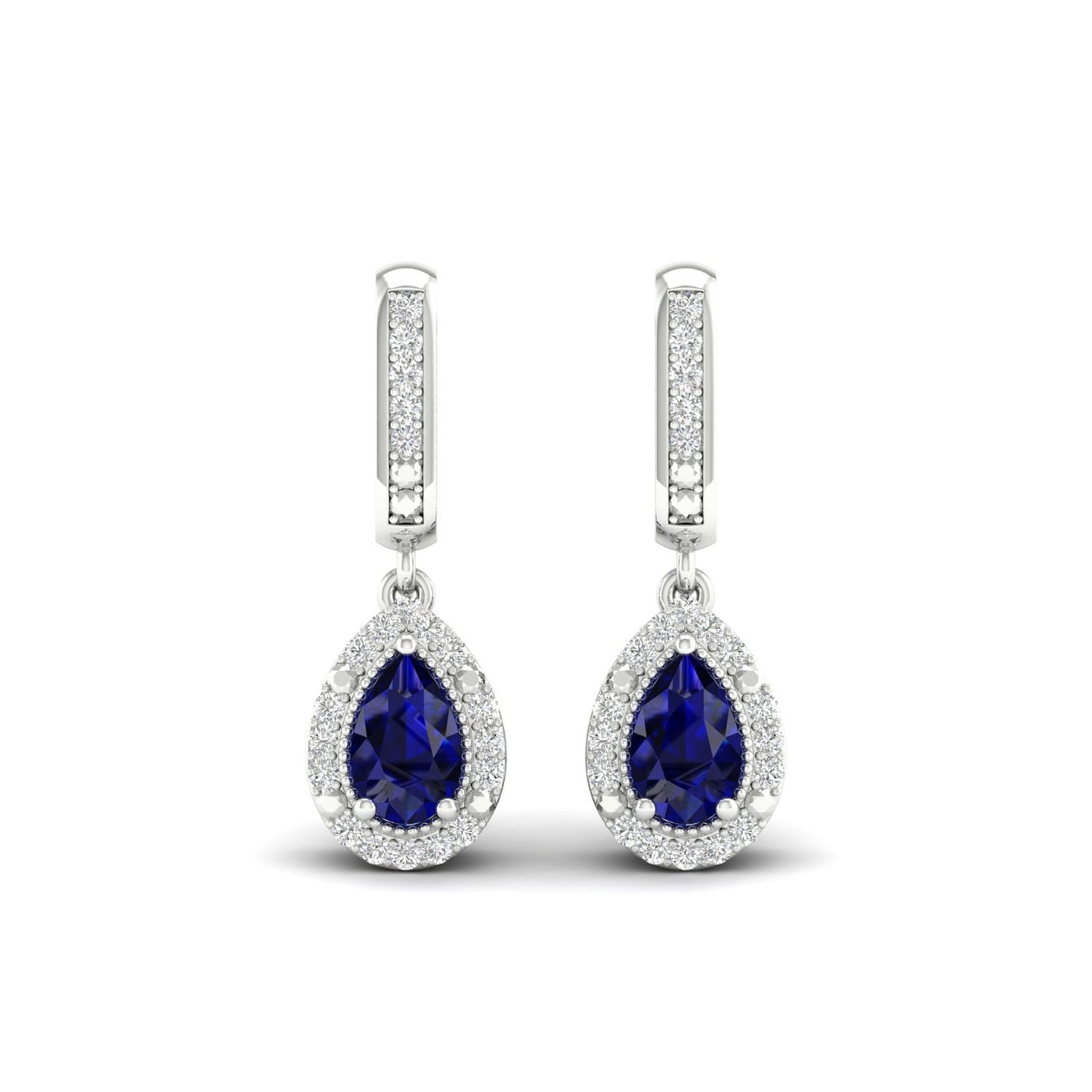 Blue Pear-Shaped Sapphire and 1/10 ct. tw. Diamond Halo Earrings with Milgrain and Filigree Design in 10K White front view